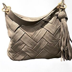 COLE HAAN grey leather “woven” bag with leather tassel.